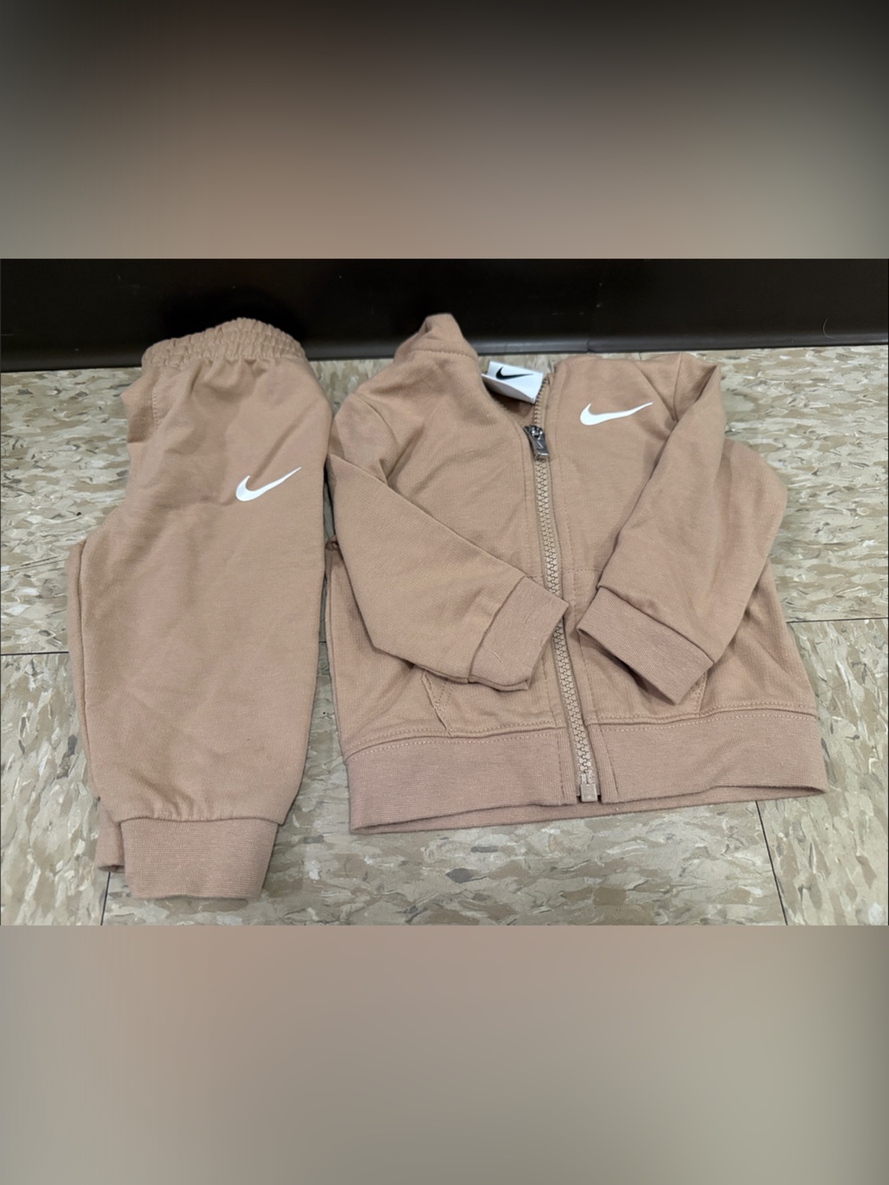 Nike Kids Brown/Tan Hoodie & Joggers Set with White Swoosh